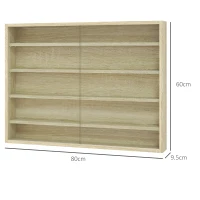HOMCOM 5-Tier Wall Display Shelf Unit Cabinet w/ 4 Adjustable Shelves Glass Doors Home Office Ornaments 60x80cm Oak(m-3)