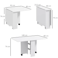 HOMCOM Masă Pliabilă și Extensibilă pentru 4-6 Persoane cu 2 Rafturi și 2 Roți, din Lemn și Metal, 140x80x74 cm, Alb(m-3)