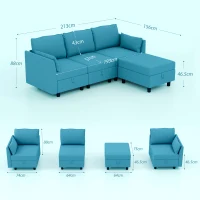 HOMCOM Canapea Modulară cu Taburet și Spații de Depozitare, Canapea Colțar în Formă de L, 213x156x88 cm, Albastru(m-3)