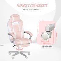 HOMCOM Silla Gamer Reclinable con Altura Ajustable Reposapiés Retráctil Soporte Lumbar y Reposacabezas Desmontable Rosa(m-6)