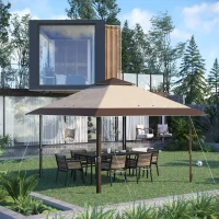 Outsunny Tenda Dobrável 3,85x3,85 m Tenda de Jardim com Telhado Duplo Altura Ajustável para Festas Casamentos Cáqui e Café(m-2)