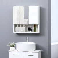 kleankin Bathroom Mirror Cabinet Wall-Mounted Storage w/ Double Door Adjustable Shelf - White(m-2)