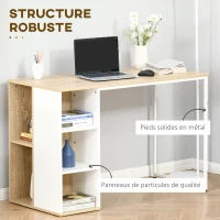 HOMCOM Bureau Informatique multimédia - dim. 115L x 55l x 75H cm - 3 étagères latérales - Panneaux Particules chêne Clair Blanc métal(m-5)