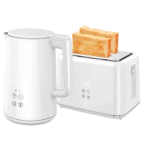 HOMCOM Stainless Steel Kettle and Toaster Set, 1.5L 3000W Fast Boil Kettle with Insulation & 2 Slice Toaster Kitchen Set with 7 Level Browning Controls, Defrost, Reheat and Crumb Tray, Cream White(m-11)