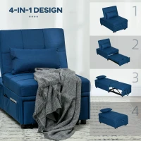 HOMCOM Convertible Chair Bed with Padding Seat, 4-in-1 Multi-Functional Sleeper Sofa Bed, Recliner with Adjustable Backrest, Side Pocket, Wheels and Pillow, for Living Room, Blue(m-6)