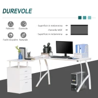 HOMCOM Scrivania Angolare con Cassettiera, Scrivania Ufficio Porta PC in Legno e Metallo, Bianco, 152x143.5x76cm(m-5)