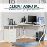 HOMCOM Scrivania Angolare con Cassettiera, Scrivania Ufficio Porta PC in Legno e Metallo, Bianco, 152x143.5x76cm(m-6)