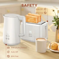 HOMCOM Stainless Steel Kettle and Toaster Set, 1.5L 3000W Fast Boil Kettle with Insulation & 2 Slice Toaster Kitchen Set with 7 Level Browning Controls, Defrost, Reheat and Crumb Tray, Cream White(m-7)