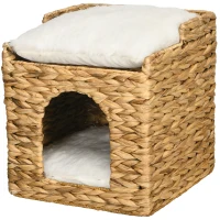 PawHut kattengrot met waterhyacintgras, 2 slaapruimtes, 2 wasbare kussens, naturel + wit(m-11)