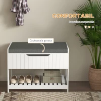 HOMCOM Mobila Cuier de Perete cu Banca Suport pentru Pantofi Dotata cu Cuburi de Perete, 4 Carlige si Raft Retractabil, 80x20x40 cm, Alb(m-5)