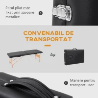 HOMCOM Masă pentru Masaj Portabilă cu Înălțime Reglabilă, Pernă Detașabilă, Mâner și Geantă, 186x60x58-81 cm, Negru(m-6)