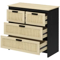 HOMCOM Comoda cu 4 Sertare din PAL si Ratan pentru Sufragerie si Dormitor, 80x38x80 cm, Negru si Lemn Natur(m-10)