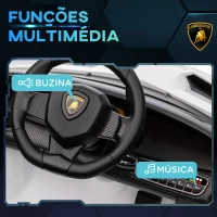 HOMCOM Carro Elétrico Lamborghini 12V Velocidade Máxima 7 km/h com Controlo Remoto MP3 Luzes e Cinto de Segurança 111x61x45 cm Branco(m-6)