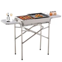 Outsunny Barbacoa de Carbón Portátil de Acero Inoxidable con 2 Estantes Laterales Bandeja y Parillas al Aire Libre para BBQ Camping Senderismo Picnics 104x30x68 cm Plata(m-11)