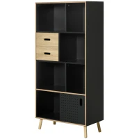 HOMCOM Biblioteca Moderna din MDF si PAL cu 2 Sertare si 7 Rafturi Deschise, 80x40x165 cm, Negru si Lemn natur(m-10)