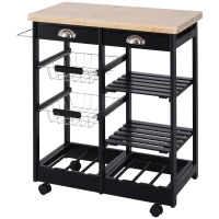 HOMCOM Cărucior de Bucătărie Multifuncțional din Lemn de Pin, 74x37x75 cm, Negru(m-15)