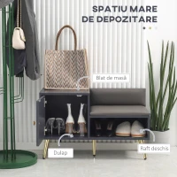 HOMCOM Dulap de pantofi de intrare cu scaun captusit, raft deschis si dulap, pentru 4 perechi de pantofi, lemn si metal, 80x33x49cm, gri(m-4)