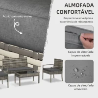 Outsunny Conjunto Móveis de Jardim de 4 Peças em Vime Sintético com 2 Poltronas 1 Sofá de 2 Lugares e 1 Mesa de Centro Cinza(m-5)