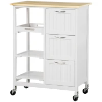 HOMCOM Desserte de cuisine à roulettes chariot de service avec plan de travail en bois de pin - 2 étagère, 1 plateau amovible et 3 tiroirs(m-10)