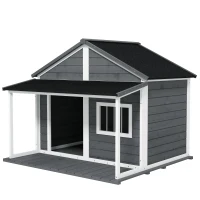 PawHut Casuta Caini Exterior – Lemn cu Terasa, Acoperis si Fereastra(m-10)