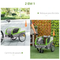 PawHut Reboque de Bicicleta para Cães 2 em 1 Carrinho para Animais de Estimação com Porta Enrolável Cinto de Segurança Bandeira e Refletores 130x64x92cm Verde e Cinza(m-4)