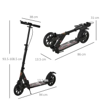 HOMCOM Adult Teens Kick Scooter Foldable Height Adjustable Aluminium Ride On Toy for 14+ w/ Rear Wheel & Hand Brake, 200mm Big Wheels, Shock Mitigation System - Black(m-3)