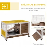 PawHut Coelheira de Madeira Gaiola de para Pequenos Animais Portátil com Teto Abatível Rampa Bandeja Removível 90x53x59cm Marrom(m-5)