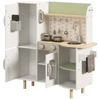 AIYAPLAY Cozinha de Madeira para Crianças com Máquina de Gelo Lavatório de Aço Inoxidável e Utensílios 84x34x89 cm Branco(m-11)