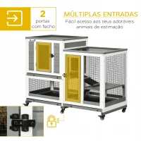 PawHut Coelheira de Madeira Interior Gaiola para Coelhos de 2 Níveis com Rodas 2 Rampas 3 Bandejas Amovíveis 110x50x86 cm Cinza(m-5)