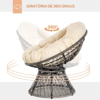 Outsunny Poltrona Papasan Giratória de Vime Sintético com Almofada e Estrutura de Aço para Jardim Pátio 87x97x90 cm Cinza e Creme(m-4)