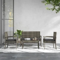 Outsunny Conjunto Móveis de Jardim de 4 Peças em Vime Sintético com 2 Poltronas 1 Sofá de 2 Lugares e 1 Mesa de Centro Cinza(m-7)