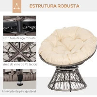 Outsunny Poltrona Papasan Giratória de Vime Sintético com Almofada e Estrutura de Aço para Jardim Pátio 87x97x90 cm Cinza e Creme(m-5)