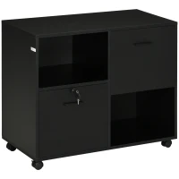 Vinsetto Dulap de Birou cu 2 Sertare pentru Dosare si Rafturi Deschise din PAL, Manere din Otel, Roti cu Blocare, 80x40x66cm, Negru(m-10)