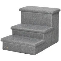 PawHut Scara pentru Caini si Pisici max 5kg cu 3 Trepte cu Spatiu Interior, din Tesatura Efect In si MDF, 63.5x42.5x40.5 cm, Gri Deschis(m-10)