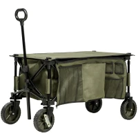 Outsunny Carucior de gradina pliabil cu roti, Carucior de camping pliabil cu placa pliabila, Carucior utilitar pentru exterior cu cadru din otel si material Oxford, verde(m-10)