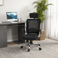 Vinsetto Scaun pentru Birou din Plasa cu Spatar Inalt, Scaun de Birou pentru Computer cu Suport Lombar, Cotiere Rabatabile, Tetiera si Inaltime Reglabila, Negru(m-2)