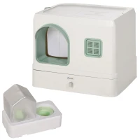 PawHut Litiera pentru pisici 2 in 1 cu fantana de baut, tava pentru gunoi pentru pisici cu lopatica pentru sertar, aromatizatoare, intrare frontala, 50 x 40 x 40 cm, Alb(m-10)