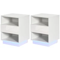 HOMCOM Noptiere moderne cu ED, Set 2 piese din PA alb cu sertar si 2 rafturi deschise, 40x40x55 cm(m-10)