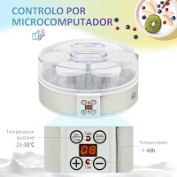 HOMCOM Iogurteira 20W Capacidade 1,26L com 7 Frascos de Cristal de 180 ml Termóstato Ajustável Temporizador de 1-48 horas 24x24x13 cm Branco(m-6)