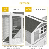 PawHut Adapost din Lemn pentru Iepuri  pentru Exterior cu 2 Custi si Zona Deschisa Imprejmuita cu Usi si Rampe, 259x64x92 cm, Gri(m-7)
