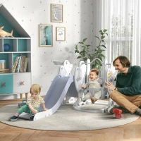 AIYAPLAY Set Tobogan cu Leagăn și Coș de Baschet pentru Copii 18-48 Luni, 150x185x92 cm, Gri(m-2)