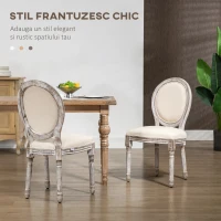 HOMCOM Set de 2 Scaune Vintage Fără Brațe, Scaune în Stil Franțuzesc cu Spătar Curbat și Tapițerie din In, Alb Crem(m-4)