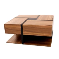 Square Coffee Table with 4 Drawers, Unique Pattern, Bottom Storage, 78L x 78W x 36H cm, Natural(m-11)