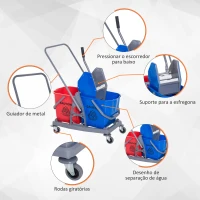HOMCOM Carro de Limpeza Professional Carro de Limpeza de Metal com 2 Baldes de 25 Litros Removíveis Escorredor Manual e 4 Rodas 73x45x92cm Vermelho e Azul(m-7)