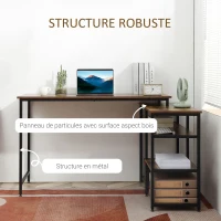 HOMCOM Bureau Informatique Design Industriel Bureau d'angle 3 étagères Aspect Vieux Bois métal Noir(m-7)
