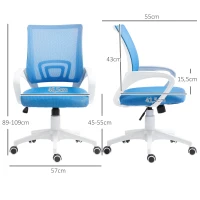 HOMCOM Cadeira de Escritório de Malha Giratória com Altura Ajustável Função Basculante e Apoio para os Braços 57x55x89-109 cm Azul(m-3)