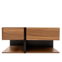 Square Coffee Table with 4 Drawers, Unique Pattern, Bottom Storage, 78L x 78W x 36H cm, Natural(m-14)