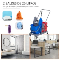 HOMCOM Carro de Limpeza Professional Carro de Limpeza de Metal com 2 Baldes de 25 Litros Removíveis Escorredor Manual e 4 Rodas 73x45x92cm Vermelho e Azul(m-5)