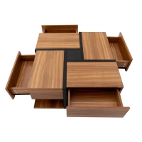 Square Coffee Table with 4 Drawers, Unique Pattern, Bottom Storage, 78L x 78W x 36H cm, Natural(m-12)