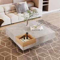 Modern Marble Design Coffee Table with Storage Box, Sturdy Structure, Sofa Table for Living Room, Sitting Room, 72L x 72W x 30H cm, Grey(m-1)